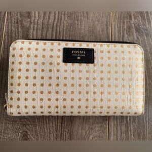 Fossil zippered wallet - white w/ gold polka dots, zippered and open pockets
